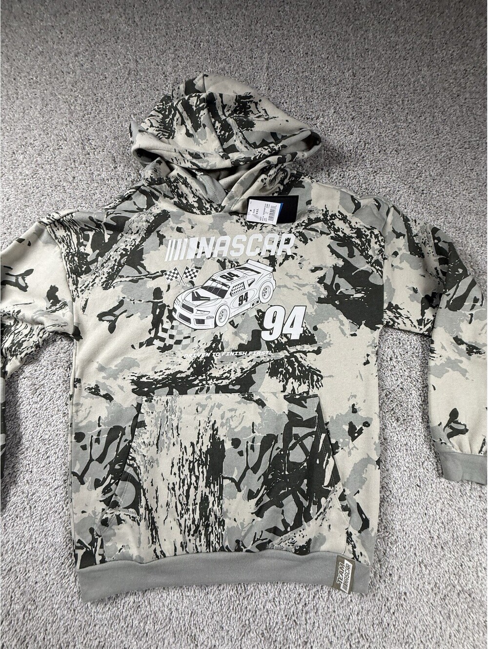 NWT NASCAR Gray Camo Graphic Pullover Hoodie Sweatshirt Boys Size XXL 16-18